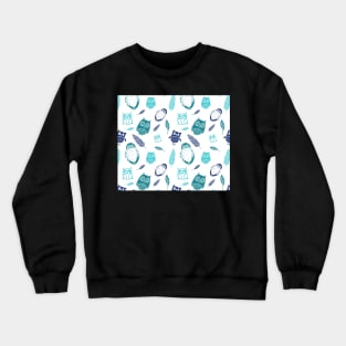 Blue teal owls and feathers Pattern Crewneck Sweatshirt